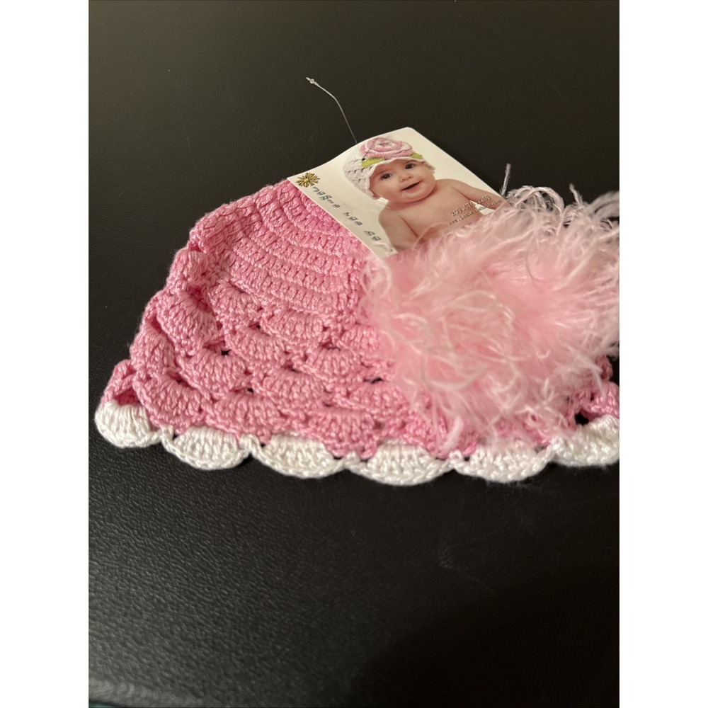 Jamie Rae Crochet Baby Hat Pink With Feather Flower Accent 0-6 Month